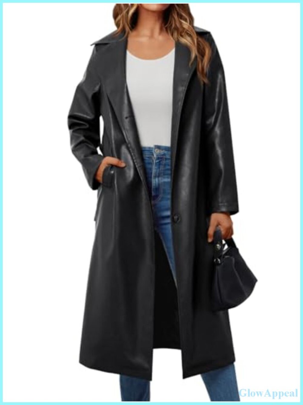 Women's Faux Leather Long Trench Coat with Belt